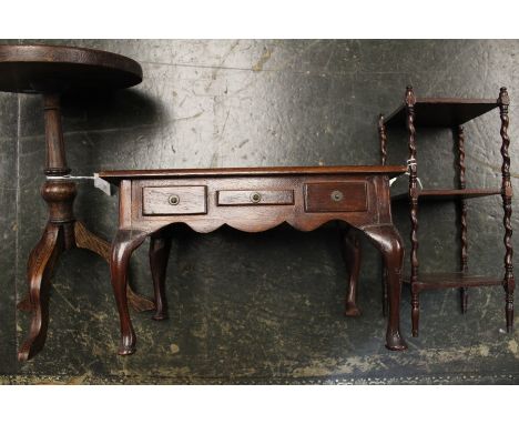 Three pieces of miniature furniture including desk, tripod table 18 cms approx diameter, whatnot 25 cms high approx