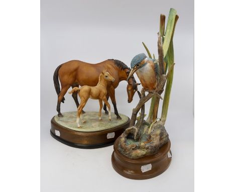 Royal Worcester coloured model of Princess Grace and foal with certificate, along with Hereford china, kingfisher, both on wo