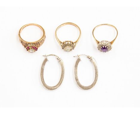 Three 9ct gold rings to include an opal and diamond cluster,&nbsp; along with two paste set cluster versions and a pair 9ct w