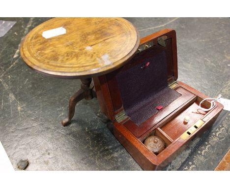 Early 20th Century miniature apprentice style tripod table and miniature oak writing box/slope with fitted interior