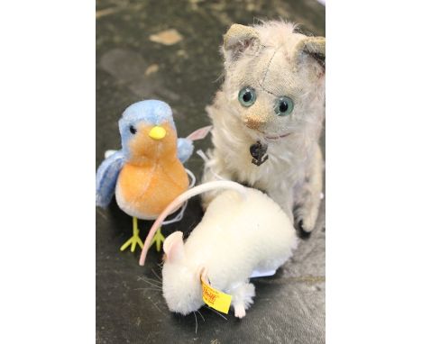 Steiff vintage cat, circa 1920, with green eyes, 6" tall approx, sitting, along with white mouse 032134, and bird 666100 with