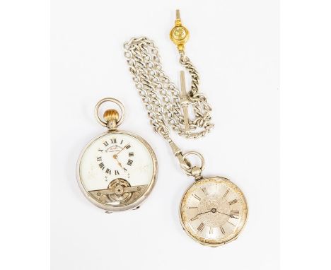 Two silver pocket watches, comprising an 8 day Swiss made engine turned watch and a further ladies fob watch with chain