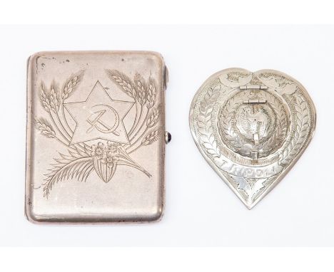 Russian cigarette case; heart shaped powder compact, decorated with camel and inscribed Tripoli&nbsp;