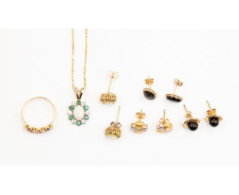 A collection of 9ct gold and unmarked yellow metal jewellery to include an opal cluster/emerald pendant and earrings, two pai