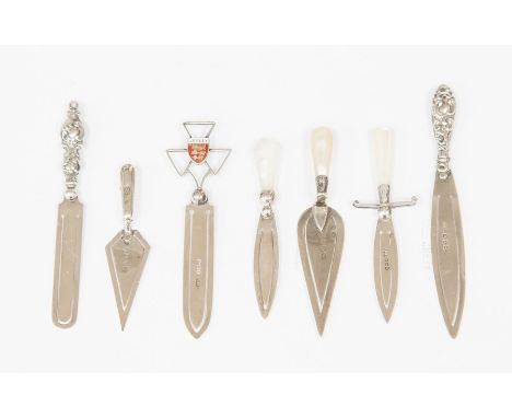 Seven Victorian and later silver bookmarks, two hallmarked Birmingham 1894 and 1897, a further trowel shaped version probably