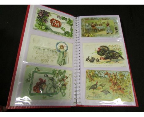 Old Greetings postcards of all types in modern red album including USA Thanksgiving by R. Weathly (approx 137)