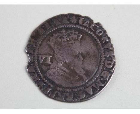 James I silver sixpence, Second Coinage [1604-1619], Fourth Bust, 1606 mm. Escallop, Spink 2658, with old pen and ink ticket 