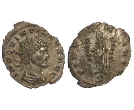 Quintillus, silver washed antoninianus, Milan Mint 270 A.D., reverse reads:- FIDES MILIT, Fides Militum standing left, holdin