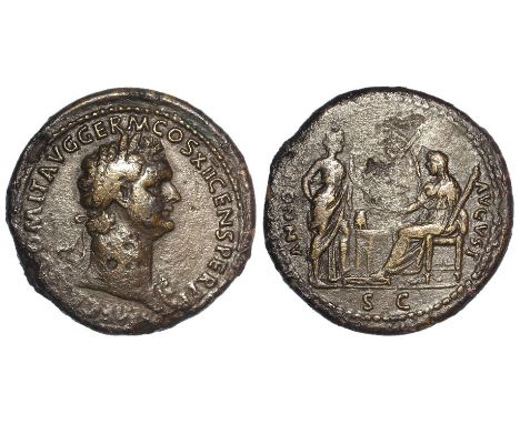 Domitian brass sestertius, Rome Mint 85 A.D., reverse:- Annona standing right, holding cornucopiae, facing seated Ceres at le