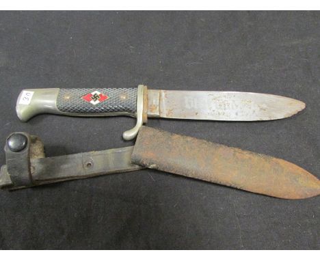 German WW2 Hitler youth knife with motto on the blade complete with scabbard