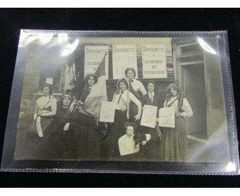 Group of Suffragettes with banners & posters R/P   (1)
