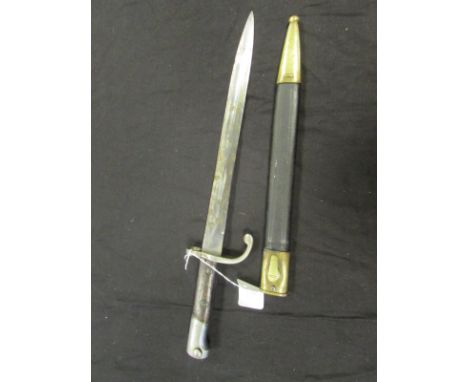 Mauser 1888 Bayonet by Weyersberg Kirchbaum & Sons, with leather and brass scabbard, matching serial numbers. 