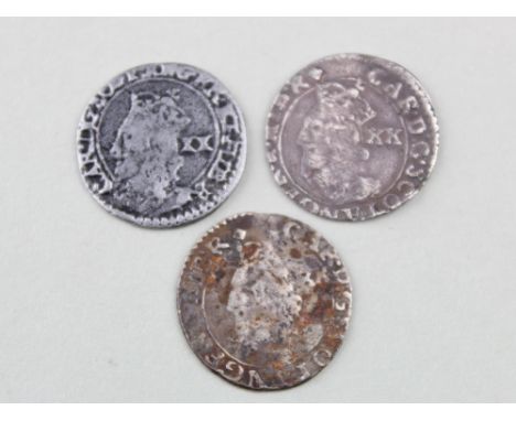 Scottish Charles I silver 20 pence pieces, first:- Bust wholly within inner circle, no F over crown, Spink 5591, second:- Bus