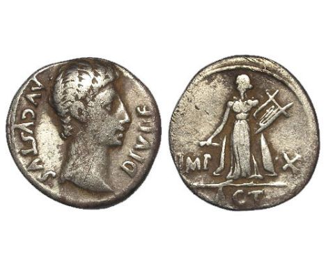 Augustus silver denarius, Lugdunum Mint 15-13 B.C., obverse:- Bare headed bust of Augustus right, DIVI F AVGVSTVS, reverse:- 