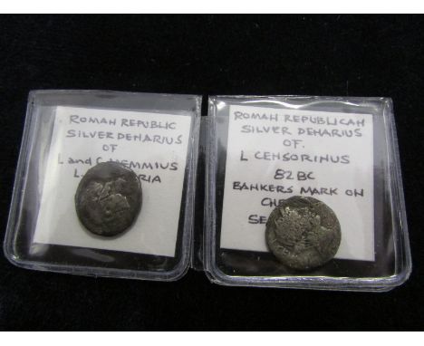 Romam Republican silver denarii, first of L and C Memmius L.f.Galeria, 87 B.C., Sear 262, scuffed F, second of L Censorinus, 