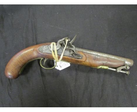 Pistol: A good flintlock overcoat pistol. Stepped lock signed 'RAYS' (?) Roller frizzen raised pan. Large bore. Barrel 8" wit