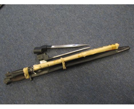 British Bayonets as follows: 1) P'07 by Wilkinson in its steel mounted leather scabbard. Worn and pitted overall. 2) No4 MKII