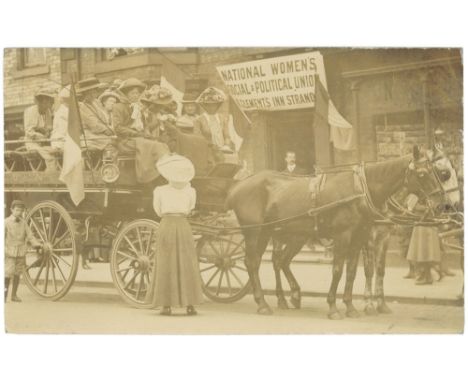 Horse drawn carriage containing suffragettes outside Clements Inn, Strand R/P (1)
