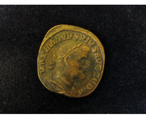 Maximinus I, brass sestertius, Rome Mint 236-238A.D., reverse reads:- SALVS AVGVSTI S C, Salus enthroned left, feeding snake 