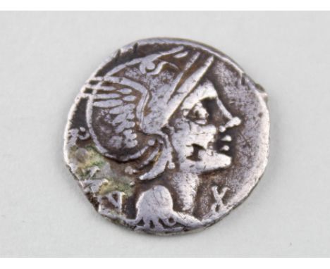 Roman Republican silver denarius of L.Flaminius Cilo, 109-108 B.C., Roma/Victory, Sear 179, with old pen and ink ticket, '8/6