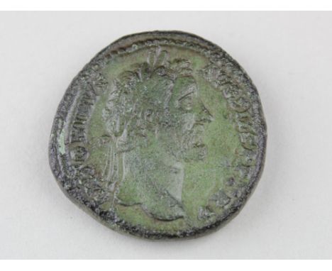 Antoninus Pius, brass sestertius, Rome Mint 146 A.D., reverse reads:- COS IIII S C, Antoninus standing facing in military att