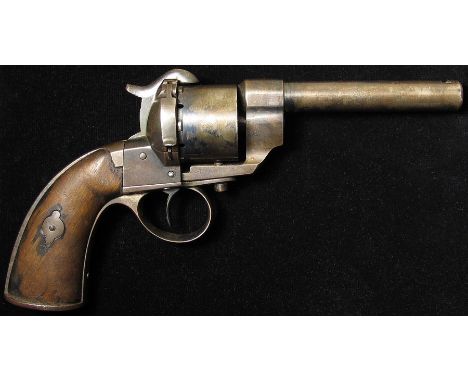 Pistol: A 6 shot pinfire revolver on the Lefaucheux system. Open frame barrel 4.75" cal, approx 11mm. Nicely patinated finish