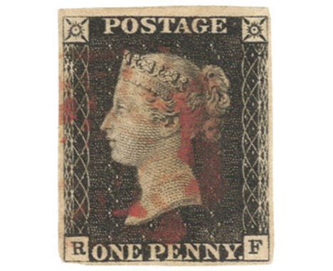 GB 1840 1d Penny Black (R-F) identified as Plate 1a, 4 margins but little close at lower left, no tears thins or creases, red