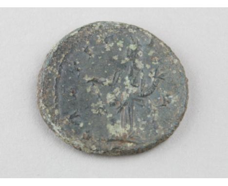 Allectus radiate of Camulodium?, reverse reads:- LAETITIA [AVG], S P in field and the top of the 'C' just visible in the exer