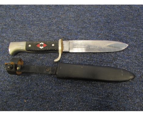 German WW2 Hitler Youth dagger with scabbard and leather strap, blade stamped 'Solingen'. 