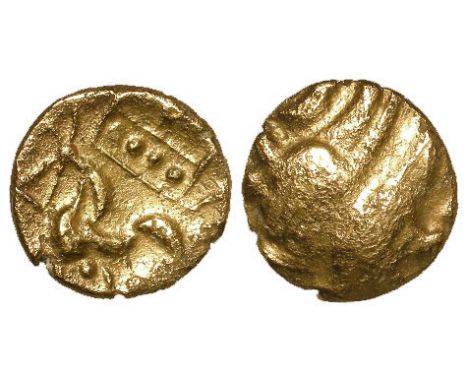 Ancient British, Celtic gold stater of the Corieltauvi, c.50 - c.10 B.C., 'Domino Type', Spink 393, reverse:- Disjointed hors