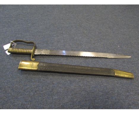 Sword: An 1856 Pattern Pioneer Sawback Sword Regimentally marked to the A & S Highrs. Sawback blade 22.25. Ricasso dated 3.18