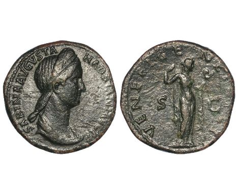 Sabina brass sestertius, Rome Mint 136 A.D., reverse reads:- VENERI GENETRICI S C, Venus standing right, drawing out fold of 