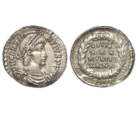 Constantius II, silver reduced follis, Constantia/Arles Mint, reverse reads:- VOTIS XXX MVLTIS XXXX within wreath, in exergue