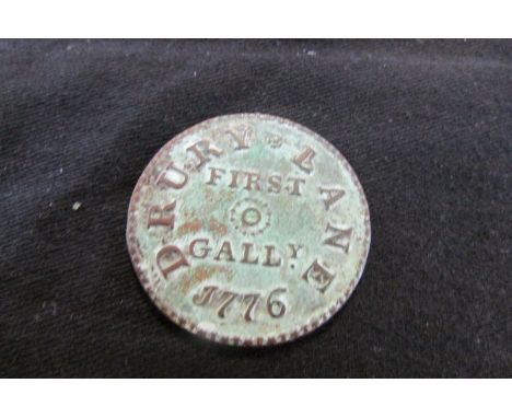 Theatre Pass, copper d.30mm: Drury Lane First Gall'y 1776, number 52 on back, nVF with verdigris.