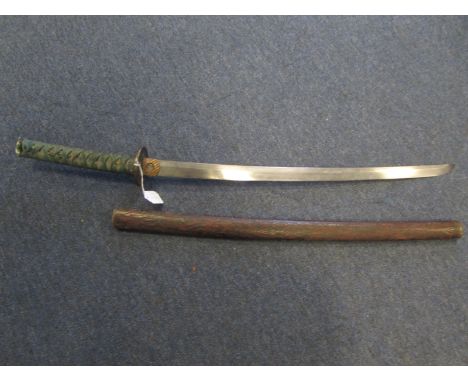 Japanese Katana. Blade 25.5". Copper HABAKI with a circle cut out of from the centre. Blue tape to same showing handling wear