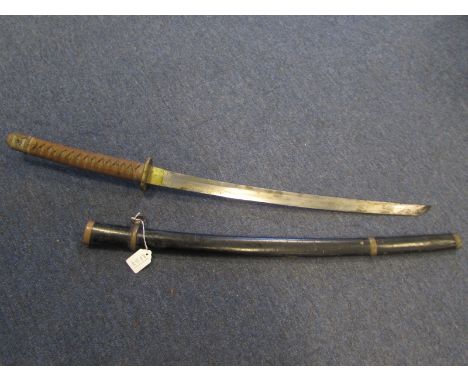 Japanese Katana, good blade 24". Brown hilt binding with Menuki Rayskin same gilt Kabutogane, Brass Tsuba with cherry blossom