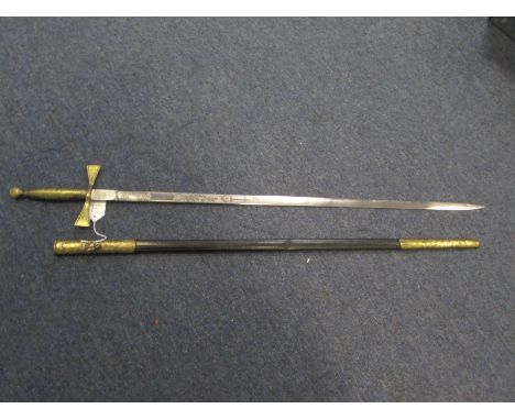 Masonic type ceremonial sword. Maltese Cross, crossguard, wirebound grip. Etched blade with cross on plinth logo. Slim blade 