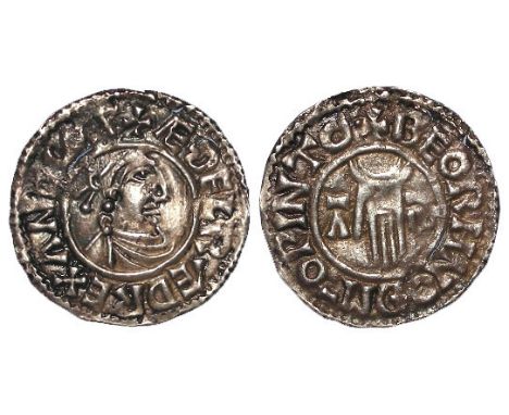 Aethelred II silver penny, First Hand type, Spink 1144, obverse reads:- +AEDELRAED REX ANGLOX [both 'AEs' ligulate, first 'D'