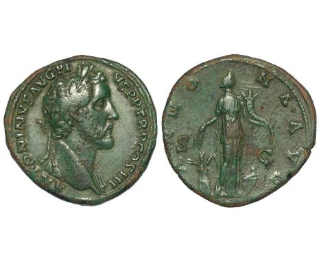 Antoninus Pius, brass sestertius, Rome Mint 142 A.D., reverse reads:- ANNONA AVG S C, Annona standing right, between modius a