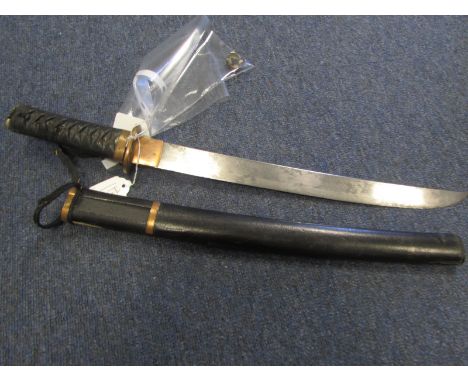 Japanese WAKIZASHI. Blade 16". Copper Habaki, plain copper Tsuba. Black tape bound hilt with same and two Menuki. Pommel a/f.