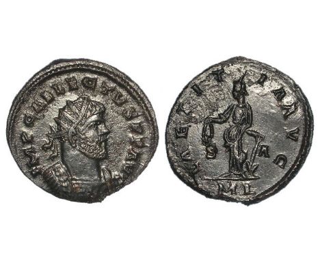 Allectus antoninianus, obverse:- Radiate and cuirassed bust right, reverse:- LAETITIA AVG, Laetitia standing left, holding wr