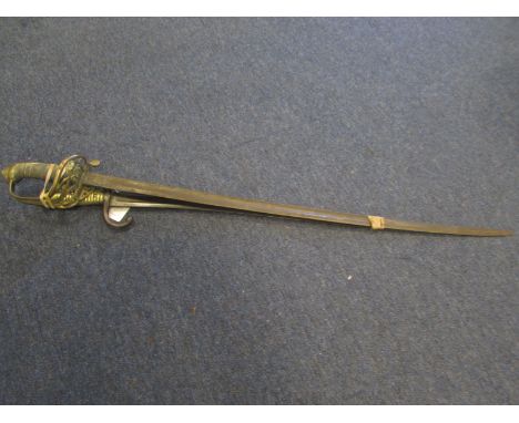 Sword + Bayonet - An 1845 Pattern Infantry Officers sword. Brass guard with 'V.R.' Cypher. Folding guard. Slim single edged b