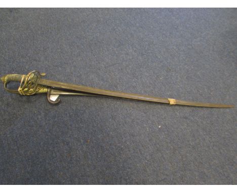 Sword + Bayonet - An 1845 Pattern Infantry Officers sword. Brass guard with 'V.R.' Cypher. Folding guard. Slim single edged b