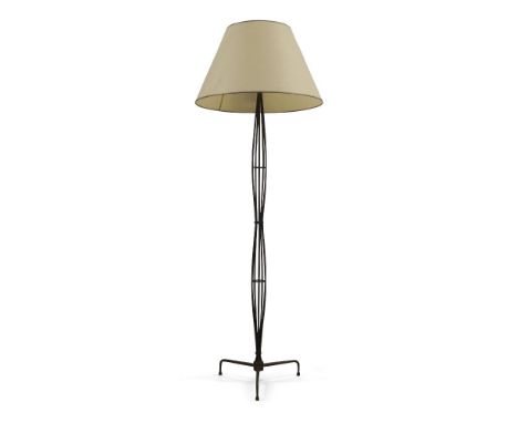 An Italian brass floor lamp, c.1950,The stand comprising five gently curved vertical brass rods, on tripod feet,160cm highEle