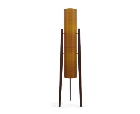 Novoplast Sered (Czechoslovakian), a fibreglass and teak floor lamp,c.1960,The orange cylindrical spun fibreglass shade on ta