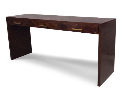 A French oak console table with painted faux parquetry decoration,c.1960, The rectangular top above three frieze drawers with