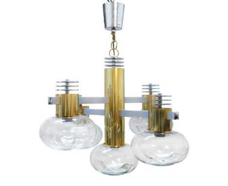 Lamter (Italian), a brass and chromed five light pendant light in the manner of Gaetano Sciolari,c.1970, with applied metal l