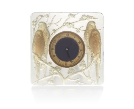 René Lalique (French 1860-1945), 'Inséperables' No.765, an opalescent glass timepiece,  Designed 1926, moulded R Lalique on t