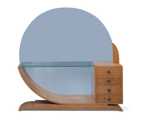 An Art Deco style satin birch dressing table,20th Century,With circular mirror and glazed shelf, flanked by a bank of four dr