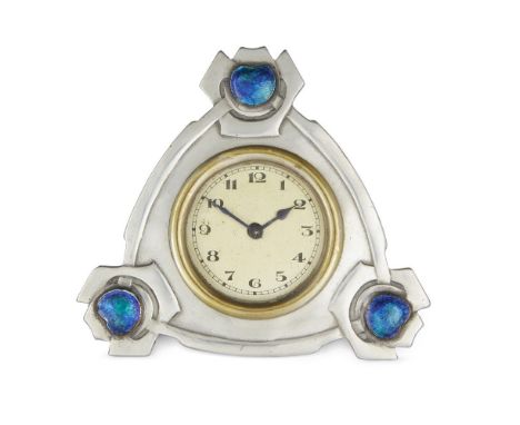 Liberty & Co (British), a pewter and enamel timepiece,c.1910, impressed English Pewter Made by Liberty & Co, 01296,The pewter